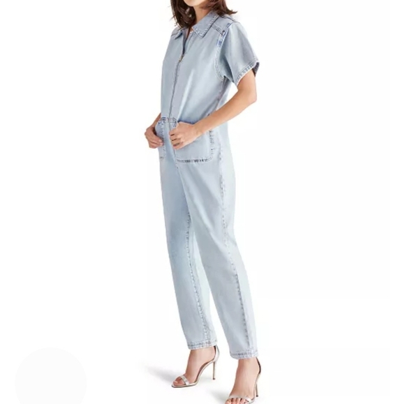 Steve Madden Jumpsuit L Light Blue Denim Eira Jean Relaxed Fit Front Zip New$130 - Picture 3 of 16
